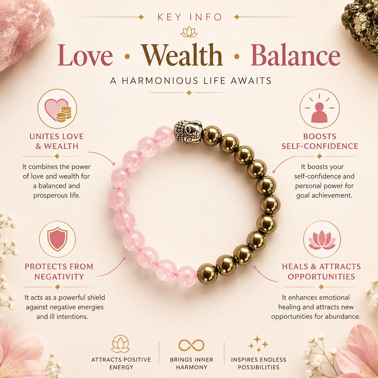 Rose Quartz , Pyrite Bracelet